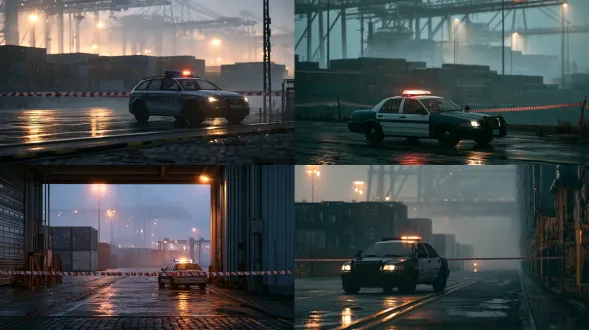 outside a loading channel, harbor police car with light bar, red white tape cordon, wet asphalt, container yard, morning fog, empty