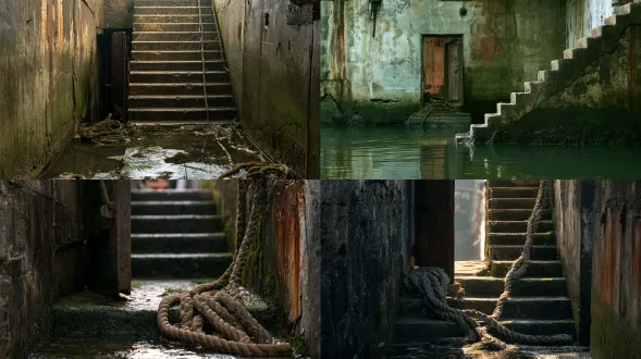 sunken concrete stairwell at a waterfront warehouse, narrow iron door gap, coiled mooring rope, wet mossy steps, dim morning light, rust stains