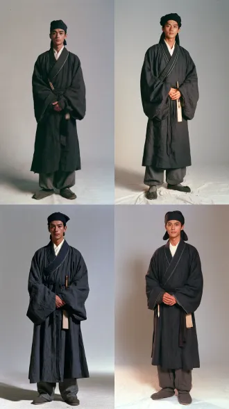 1990s hong kong tvb drama still frame, vhs videotape texture, slight film grain, soft low contrast, mild color cast, soft studio lighting, plain light gray seamless background, full body portrait of 21-year-old southern song academy student, lean young scholar, gentle scholarly face, clean jawline, soft dark eyes, black hair neatly tied, wearing simple soft linen dongpo cloth headscarf (dongpo jin, thin dark indigo linen, no decorations), wearing southern song scholar straight robe (zhiduo), dark indigo blue linen zhiduo, cross-collar right lapel, wide loose long sleeves, ankle-length, plain fabric without embroidery, thin dark fabric piping on collar and cuffs, underneath: plain off-white inner shirt, dark grey linen trousers, waist: simple dark cotton sash tied loosely at waist, no fancy jade ornaments, accessories: a simple bamboo writing brush tucked at waist sash, small plain bamboo slip pouch hanging from sash, feet: dark linen cloth shoes, soft thick sole, standing naturally, hands folded in front of abdomen, calm expression, reading posture, quiet academy scholar demeanor, shot on old video tape, slight vignetting, soft focus, tvb period drama aesthetic like demi-gods and semi-devils (1997), no modern elements