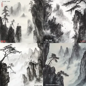 chinese ink wash landscape painting, looking up at towering shu road mountains, peaks piercing the sky, steep cliffs, withered pine trees hanging upside down from rock faces, swirling clouds and mist, deep dark gorge below, perilous and majestic, inspired by li bai's "the road to shu is hard", cinematic composition, high detail