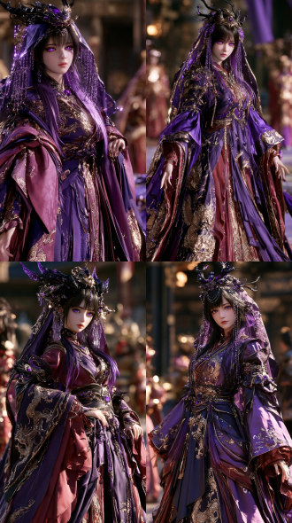 full body portrait, adult petite east asian woman, ancient purple dragon clan, cute youthful beauty, doll like realistic facial proportions, bright violet dragon eyes with subtle vertical pupils, pale soft skin, long black purple waist length hair, soft bangs, small asymmetrical oriental dragon antlers with black jade and violet crystal vein texture. wearing royal purple and crimson bridal hanfu, dark violet silk, antique gold dragon embroidery, amethyst jewelry, traditional bridal veil partially hiding the face, crystal tassels framing the cheeks. petite delicate silhouette, narrow waist, slender limbs, oversized ceremonial sleeves, long layered trailing skirt, graceful posture, sweet shy slightly playful expression. dreamy chinese fantasy wedding hall background. semi realistic cinematic 3d cg, ue5, pbr, realistic skin and hair, soft purple rim light, shallow depth of field.