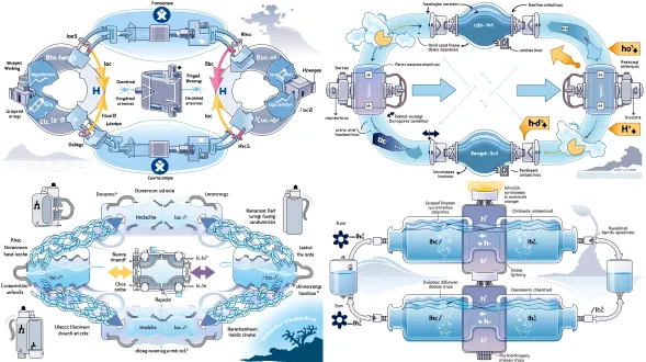 ultra-clean nature-style graphical abstract, scientific schematic illustration, horizontal layout, pure white background, minimalist vector academic style, ultra-thin precise lines, low-saturation professional blue-gray color grading, clear hierarchical structure, no shadow, no texture, no noise, high scientific rigor. the central device is a reversible dual-function membrane energy unit, asymmetric dual-structure design. the left domain represents discharge operation mode, the right domain represents charge operation mode, with clear ion conduction direction marked inside the device. two completely closed independent liquid circulation loops surround the central cell. the upper closed loop represents liquid hydrogen carrier circulation system, marked with general reversible redox symbol lhc / lhc-h₂, equipped with circulating pump and directional flow arrows to realize reversible hydrogen storage and release. the lower closed loop represents liquid oxygen carrier circulation system, marked with general reversible redox symbol loc / loc-o₂, equipped with circulating pump and flow arrows to achieve reversible oxygen capture and release. the entire system realizes fully self-sufficient gas circulation without external gas input. faint minimalist deep-sea shadow silhouette in the background corner, subtly indicating extreme oxygen-free anoxic deep-sea working environment. only unified symbolic labels are used in the whole figure, no specific material names, no specific chemical formulas, maintaining universal structural description. a small amount of concise english functional annotation is retained to clarify charge/discharge reversible working mechanism. the overall style is neat, advanced, standardized, consistent with advanced energy materials / nature communications graphical abstract aesthetic standards.
