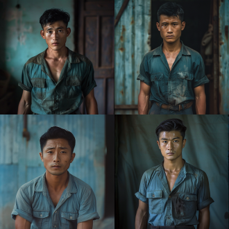阿明定妆提示词 | 22-year-old chaoshan chinese male rubber plantation worker, 1930s siam, lean sun-tanned, short messy black hair, faded indigo short-sleeve work shirt, rolled-up trousers, barefoot, quiet resolute eyes. cinematic realistic portrait, muted teal grade, 1930s southeast asia, natural light, film grain, 16:9. |