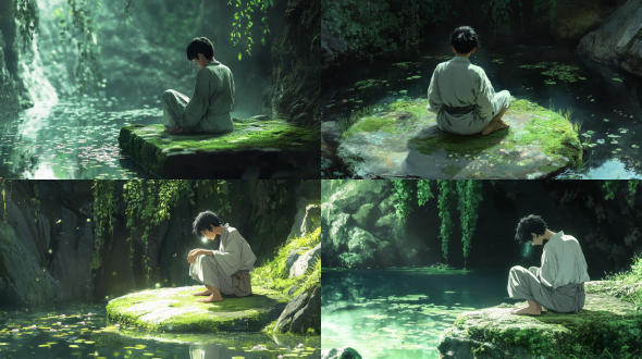 ### 场景一：宗门深处・落泪 宗门后山禁地，古藤垂落如帘，青苔石潭映天光。少年蹲在潭边扁平青石上，双膝并拢，下巴抵膝，肩膀微微抽动。灰布杂役服，袖口磨出毛边，草鞋只剩半截鞋底。泪珠砸在石面上，碎成细花。 第一滴泪落下的瞬间，画面骤然抽色 —— 三千年光阴倒灌。