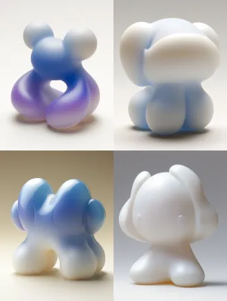 把 p1 这个立体主体物，加上主色：雾灰紫、浅烟蓝；辅色：淡藕粉、米灰 质感：朦胧柔和、低对比度，软流体渐变，没有尖锐高饱和，承接脆弱情绪。类似 p2 的质感 p3 的配色 原本形状和角度都不变 边缘可以因为质感体现有小幅液化