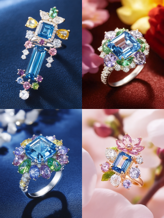 提示：高端珠宝产品摄影，一枚不对称簇戒指，白金戒指，细1.4毫米戒指柄。中心石是一块1.0克拉的垫切冰蓝色黄玉，周围镶嵌着精致的浅紫色小巧切割尖晶石、圆形月光石和细小的铺装菱形，宛如盛开的铃兰。干净的摄影棚灯光，微距镜头，柔和的天鹅绒背景，优雅、超细致、8k分辨率、电影般的灯光。