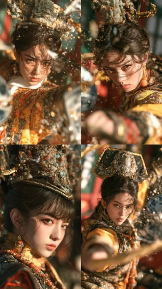 建宁公主 做图提示词： 整体风格：唯美梦幻的新中式古典肖像，兼具电影大片的柔焦质感与东方写意诗意。 整体影调：通透温润的中高柔调，亮部带细腻柔光溢出，暗部轻盈通透无死黑沉积。 人物肤质：极细腻通透的瓷白奶油玉肌，两颊微透自然红润，莹润无瑕且具呼吸感。 光影设计：精致侧逆光与斑驳碎金透光，勾勒发丝与面颊边缘金色轮廓光，漫射补光柔和立体。 色彩倾向：以香槟金、柔粉、米杏与象牙白为主暖色调，点缀幽暗墨绿，暖雅明艳。 中文提示词： 电影级特写镜头，唯美宫廷古风肖像。紫禁深宫内红毡铺地，贵胄女子头戴华贵点翠大拉翅，身着明黄织金吉服，胸前垂挂金镶珊瑚朝珠。她眉梢张扬凌厉，挥舞金丝软鞭击碎青花瓷盘，瓷片在空中飞溅，尽显任性无羁与贵胄尊荣。光影设计：烈阳穿透朱红格窗形成斑驳侧逆光，在大拉翅点翠边缘、发丝与金鞭上勾勒璀璨金芒，阴影通透深邃。人物肤质：通透细腻的冷白凝脂瓷肌，唇色明艳，五官立体无瑕。色彩与影调：以明黄、朱红与暗墨黑为主，点缀点翠蓝与珊瑚红，强冷暖对比，极致浅景深，大光圈虚化，8k超清画质，电影胶片质感