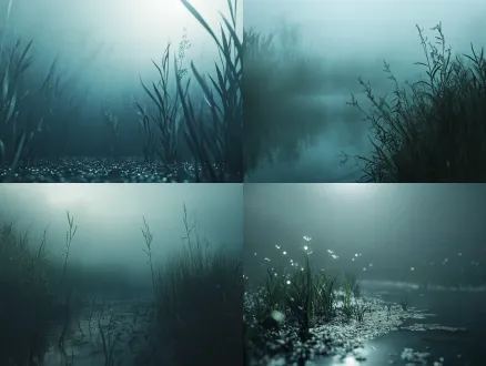 cinematic shot, poetic wetland scene, low-saturation teal-gray tone, soft diffused haze, mist atmosphere, subtle pale cyan glowing particle life lines, realistic texture, soft movie lighting, 8k, ultra-detailed, serene and quiet, artistic science fusion, no strong highlights, gentle shadow.macro underwater shot, dim dark water, tiny faint pale cyan floating glowing microbial particles, weak life signals, quiet and mysterious, slow water flow, silt at the bottom of water, soft subsurface scattering