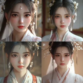 unreal engine 5.3 render, ray tracing, lumen global illumination, photorealistic rendering, selfie angle, front view, upper-body shot, ancient chinese style young woman, gentle cool temperament, calm soft expression soft delicate oval face, fair translucent skin, natural fine pores, soft subsurface scattering, natural skin luster big round bright brown eyes, full plump under-eye bulges, long curled black eyelashes, soft slender dark eyebrows, straight exquisite nose, soft full pale pink lips, natural moist lip gloss long jet-black silky hair, center-parted half-up half-down hairstyle, loose hair strands framing cheeks, every hair strand clearly rendered, individual distinct hair strands, adorned with white jade flower branch hair ornaments with crystal tassels, white teardrop jade drop earrings, thin gold necklace with tiny black pendant flowing white sheer hanfu, v-neck collar, red traditional geometric embroidery on collar and shoulder line, lightweight gauze fabric, subtle soft shee