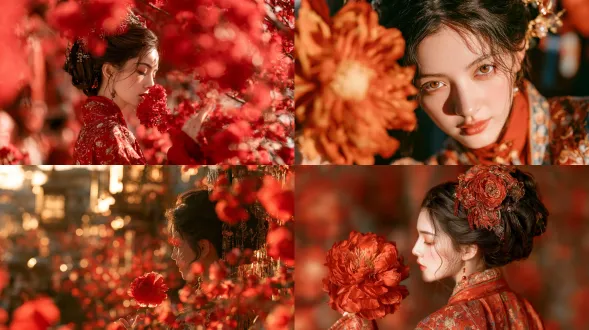 古风拈花美女，华丽宋制汉服及发型，人物占画面三分之一大小
