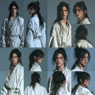 2×2 character sheet, four views: front, three-quarter side, pure side, back, young chinese boy, 178cm, slender, soft oval face, gentle pale features, faint distant eyes, mild distant mountain eyebrows, thin lips, medium soft black hair, loose fringe, plain white linen hanfu, theatrical wusheng bone posture, sub-surface scattering skin, pbr texture, octane render, cinematic 45 degree rim light, cool gray studio background, consistent lighting on all panels, no expression distortion, national style cg, subtle film grain