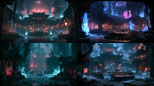 仅背景，无人物，东方幻想幽暗古殿，神秘古玩商行内室，扭曲破碎古建结构，流动冷蓝色鬼火，远景暗玫红色环境光，翻涌黑雾，散落古籍旧账册，诡秘压抑氛围，戏剧轮廓光，暗黑国风，山海经相柳主题，游戏原画风格，柔和景深，电影光影，8k超精细，比例16:9