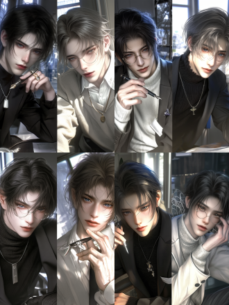 masterpiece, best quality, ultra-detailed, 2.5d, cg art, hyper-realistic, otome game cg, korean manhwa style, semi-realistic, delicate illustration. 1 mature handsome man, lawyer, upper body shot, half-body, close-up on face, looking directly at viewer, calm and deep eyes, stoic expression but with a hidden dark and scheming vibe (subtly dangerous). slicked-back dark hair with a few loose messy strands on the forehead, wearing delicate gold-rimmed glasses, flawless pale skin, sharp jawline, high nose bridge. wearing a black high-neck turtleneck sweater, wearing a tailored dark suit jacket, broad shoulders, seemingly thin but muscular body underneath (slim fit). sitting on an office chair, playing with a metallic fountain pen in his hand, no desk in the foreground (clear view). bright and modern law firm office background, blurred background, bokeh. cinematic lighting, soft natural light, volumetric light, subsurface scattering, highly detailed skin texture, 8k resolution, octane render, elegant, sophisticated, alluring.