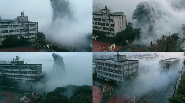 aerial photograph: a giant humanoid figure stands at the edge of a thick fog bank rolling in along the street beside a city middle school, occupying roughly a third to half of the frame height. most of its body has already stepped out of the fog — torso, slightly bowed head and two extremely long arms are all outside the mist, only the edge of its back and one side remain inside. it faces the empty schoolyard, front turned three-quarters toward the campus, head slightly lowered as if observing the deserted playground, motionless. its shoulders rise clearly above the four-story teaching building across the playground, far taller than the street lamps. limbs disproportionately long, joints set high, each arm as long as its torso; skin damp matte gray-white, texture smoothed away by fog and distance. no glowing eyes, no claws, no gore. camera: a drone hovers about thirty-five meters above the street corner, tilted down roughly thirty degrees, close enough that the figure dominates the right half of the frame. the four-story teaching building with its rooftop water tank and faded rain-stained tiles sits midground left as the scale reference; the lower foreground edge shows only the rim of the playground, a dull red running-track curve and basketball stands with peeling paint. the fog fills the right third of the frame, its irregular edge slicing diagonally across the road, thin patches still showing street and rooftops, thick patches only gray-white. overcast dusk after classes ended, the campus is empty, no people anywhere. light comes from the entire overcast sky as one diffuse source, no directional shadows; the fog is a slightly brighter gray-white, the monster a darker gray shape against it, readable by value difference alone, no rim light, no glow, slightly underexposed. low-saturation palette of gray-blue, gray-green and faded tile white; the track's dull red is the most saturated color in the frame, still weak. single-exposure realistic aerial photography, natural grain, soft highlight roll-off, fog softening everything with distance. off-center composition with the creature right of center and clearly dominant, no readable text, only one creature