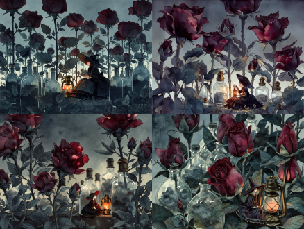 exquisite vintage hand-painted watercolor storybook illustration, french fairytale style, delicate colored pencil line art, watercolor paper texture, translucent watercolor washes. extreme size contrast between giant plants and a tiny character. in the shadow surrounded by giant dark red rosebuds, sits a girl wearing an oversized wide-brimmed hat. she wears a heavy, gorgeous dark vintage dress, surrounded by transparent glass bottles filled with gray mist. she holds a brass lantern. the background is gloomy grayish-blue, the lantern emits a warm orange glow. a beautiful but heavy sense of loneliness.