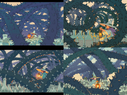 90s retro anime style, studio ghibli style, clear line art, cel shading, flat colors. the scene is surrounded by giant, thick dark thorny vines with sharp spikes, a strong sense of oppression and binding. a girl wearing an oversized wide-brimmed hat and a wizard cloak sits in the shadow of the thorns. she is surrounded by many transparent glass bottles filled with gray mist. she holds a brass lantern. the background is gloomy retro grayish-blue, only the lantern emits a warm orange hard light. beautiful, lonely, cinematic anime feel.
