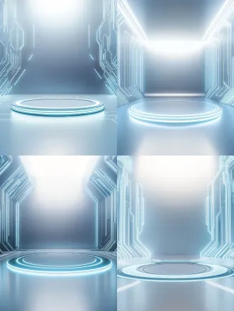 prompt: a futuristic sci-fi background, empty stage, glowing neon white and light blue lines, geometric circuit patterns on the wall, a circular glowing platform on the floor, soft light, clean minimalist design, high tech, 8k resolution, octane render, unreal engine 5, hyper-realistic, bright and airy, commercial photography,