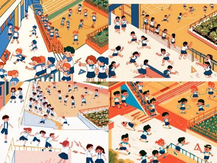 卡通插画，儿童绘本风格，扁平化矢量质感，圆润可爱造型，明亮温暖色调，粗描边，无文字。16:9 宽幅全景构图，一张完整大图整合校园课间所有场景，不切分画面。主角为小学二年级学生（7-8岁），圆脸大眼、身材短小可爱，统一穿蓝白配色校服（短袖衬衫+深蓝短裤/百褶裙），全部不背书包。场景为校园：左侧是教学楼走廊与楼梯口，中间是开阔操场与跑道，右侧是花坛矮栏杆和绿化带。 画面内容分区（自然融合成一整幅）： 1. 走廊里两个孩子两人一排、靠右慢行、互相点头让路（慢行礼让）； 2. 楼梯口孩子们一个接一个排成一列纵队，双手扶栏杆有序上下楼（有序排队）； 3. 操场中间几个孩子围成一圈玩丢手绢/跳皮筋/踢毽子，笑脸开心（友好游戏）； 4. 一个孩子侧身停下，让跑过来的同学先过（主动避让）； 5. 过道上有两个男孩追跑打闹、张牙舞爪（奔跑打闹）； 6. 两个孩子在走廊上互相拉扯推搡、身体后仰（追逐推拽）； 7. 花坛边一个男孩双脚踩在矮栏杆上攀爬，另一个孩子伸手示意制止（攀爬栏杆）。 8.走廊里有两个同学拿着三角尺、铅笔互相指着对方 所有人物表情生动夸张，动作清晰可辨，画面干净整洁、元素分布均衡、不拥挤。无任何文字、字母、数字、标牌或标语。白色/浅色背景。