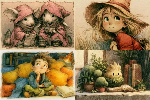 style: colored pencil children's book illustration, visible pencil grain and layered hatching, soft warm palette, gentle hand-drawn linework, slightly imperfect edges, paper tooth texture, cozy nostalgic feel