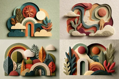 style: layered paper cut-out collage illustration, visible paper edges and soft drop shadows, textured construction paper in muted earthy tones, folk-art composition, hand-cut irregular shapes, flat layered depth