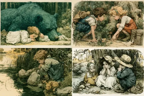 style: vintage storybook illustration, 1960s children's book aesthetic, delicate cross-hatching and fine ink detail, muted faded palette with warm yellows and forest greens, slightly aged paper tone, classic narrative composition