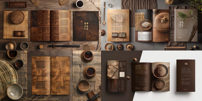 a traditional chinese cultural three-fold brochure design layout, flat lay, top-down view. featuring elegant editorial design. right panel shows a dark earthy brown background, a large traditional chinese calligraphy title, and a large macro photo of a bamboo weaving basket. middle panel features a symmetrical vector illustration of woven geometric patterns. left panel features a textured rice paper background with text layout and small photo inserts. high-quality magazine layout, ultra-detailed, print-ready, visual communication design,