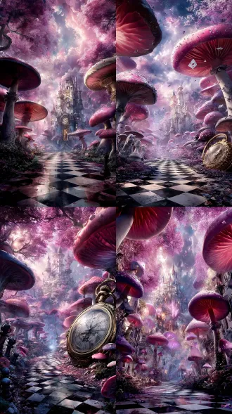 prompt: hyper-realistic 3d cg render, unreal engine 5, octane render, cinematic lighting. an alice in wonderland fantasy scene, an empty black and white checkered path made of polished marble leading to a distant castle. giant photorealistic mushrooms with detailed organic textures and glowing subsurface scattering on the gills. a highly detailed antique brass pocket watch with realistic metallic reflections and a glass lens. flying playing cards with glossy paper textures and gold leaf edges, ornate 3d chess pieces with carved marble and tarnished gold materials in the foreground. intricate castle with detailed stonework and glowing windows. the entire scene is bathed in a dreamy pastel purple and pink color palette, ethereal glowing magenta volumetric lighting, soft purple mist, floating glowing dust particles. ray tracing, global illumination, shallow depth of field, micro-details, 8k resolution, masterpiece, photorealistic textures.