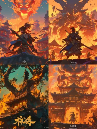 制作一张海报，内容是一栋着火的房子作为背景，标题是四个字：烈火独影，右下角署名：郭小溪，精细画面，具有艺术美感，字体风格和画面相符合，氛围感强烈，海报风格