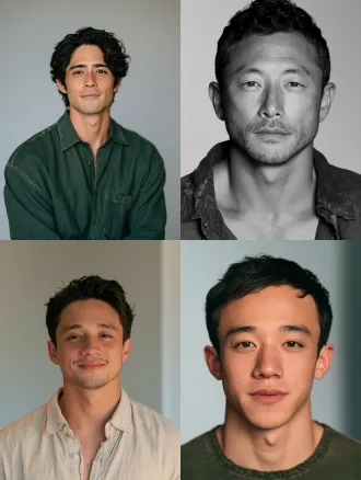 二十多岁帅气东亚男子正面胸像，直视镜头带慵懒浅笑，穿做旧棉麻衬衫，浅灰渐变背景，软正面光，浅景深，胶片写实，眼部锐利对焦。