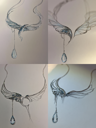 jewelry design参考图片设计一款项链，以鸟为设计理念，链条为925亮银材质，项链下侧为鸟张开翅膀的形状，用蓝色系水晶进行装饰，可用其他颜色少量点缀，翅膀边缘以及分隔的边缘可用925银勾勒， 左侧翅膀下方垂下一条链子，吊一颗偏长水滴形的海蓝宝，生成项链整体图片和细节图