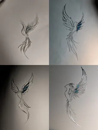 jewelry design参考图片中的轮廓设计一款耳挂，设计大意为一只鸟的外形，挂耳的部分上面做成小羽毛形状，材质用925银，挂耳部分上面是鸟的头部以及翅膀，左边的翅膀只用925银做轮廓和中间分隔的框，按照图片中的形状设计，中间不做填充，右边的翅膀轮廓同样用925银，中间用蓝水晶、珐琅或陶瓷做装饰，耳挂下面的鸟尾巴按照中间长边上短的造型设计，同样用上面提到的几种材料