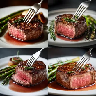 prompt: a close-up, high-quality food photography shot of a perfectly cooked fillet steak on a white ceramic plate. the steak is medium-rare, showing a juicy, tender pink center. a silver fork and knife are gently cutting into the meat, demonstrating how incredibly soft it is. rich meat juices are glistening on the surface. garnished with fresh rosemary and a side of roasted asparagus. warm restaurant lighting, shallow depth of field, highly detailed, photorealistic, 8k resolution, appetizing.