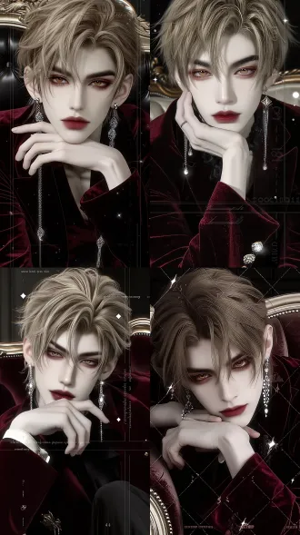 ultra-detailed photorealistic portrait, strikingly handsome 30s east asian male vampire noble, soft warm beige-brown medium messy hair, sharp deep eyebrows, cold pale porcelain skin, deep dark amber eyes with faint reddish under eye shadow, full soft rose red lips, long dangling diamond chain drop earrings on both ears, slender long fingers gently propping his chin, wearing elaborate tailored victorian dark burgundy velvet suit with delicate lace cuffs, leaning lazily on antique velvet sofa, dim low-key lighting, soft rim light, scattered sparkling glitter dust overlay, faint semi-transparent glitch text and number watermark layered over the whole frame, cool desaturated deep burgundy purple color grade, cinematic dark romantic novel cover aesthetic, 8k, sharp focus on face, soft bokeh, bust close up