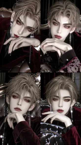 ultra-detailed photorealistic portrait, strikingly handsome 30s east asian male vampire noble, soft warm beige-brown medium messy hair, sharp deep eyebrows, cold pale porcelain skin, deep dark amber eyes with faint reddish under eye shadow, full soft rose red lips, long dangling diamond chain drop earrings on both ears, slender long fingers gently propping his chin, wearing elaborate tailored victorian dark burgundy velvet suit with delicate lace cuffs, leaning lazily on antique velvet sofa, dim low-key lighting, soft rim light, scattered sparkling glitter dust overlay, faint semi-transparent glitch text and number watermark layered over the whole frame, cool desaturated deep burgundy purple color grade, cinematic dark romantic novel cover aesthetic, 8k, sharp focus on face, soft bokeh, bust close up