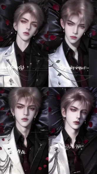 ultra-detailed photorealistic portrait, strikingly handsome young east asian male, pale porcelain skin, pale blonde short fluffy hair, deep grey-green eyes, tiny dark teardrop mole under the right eye, slender long fingers, wearing luxurious white military victorian formal coat decorated with silver chains and metal ornaments, black inner shirt, dark red tie, small vintage diamond stud earrings and delicate chain drop earrings on both ears, lying on pure black silk bed sheet, smooth glossy silk fabric with subtle reflections, scattered red rose petals spread naturally over the sheet, bust close up, extremely close portrait composition, high-end magazine photoshoot aesthetic, sharp focus on face, ultra clear facial details, realistic skin texture, soft atmospheric haze around edges, slightly dreamy but highly realistic, muted dusty mauve and cool burgundy purple color grading, balanced warm and cool tone, soft diffused rim light, gentle skin texture, subtle painterly thick brush stroke texture overlay, refined oil painting finish mixed with photorealism, scattered sparkling glitter dust overlay, cinematic dark romance novel cover aesthetic, 8k, soft bokeh