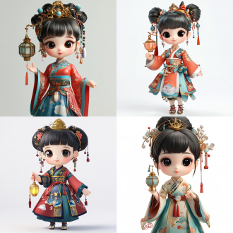 参考图中 q 版 3d 盲盒少女角色，严格保持 1:3 头身比、圆润娃娃脸、黑色大眼睛、微笑、黑色盘发与齐刘海造型，转换为莞城千角灯主题的新形象。 主体：全身完整站立姿态，灵动舒展，一只手轻提小灯笼，另一只手自然下垂微扬，脚下为简洁纯白色背景，无文字无道具杂物。 服饰：以朱砂红为主色，金色描边与金线纹样为辅，搭配青蓝与柔粉花灯纹样；花灯纹样云肩、云头镶边、花灯刺绣与竹编纹样细节，腰带金结与流苏垂坠，裙摆层叠并有花灯格纹与祥云纹。 头饰：竹篾花灯造型发冠，花灯主题头饰，金属鎏金龙纹与竹编骨架结合，垂挂红色与青绿民俗织带流苏，配银饰点缀与祥云流苏发饰。 妆容：民俗纹样妆，额心红色花钿，脸颊柔粉腮红。 风格：c4d 渲染质感、q 版卡通盲盒手办风格、细腻材质、柔和棚拍布光、边缘干净、纯白色背景、高细节、全身构图居中完整不裁切。