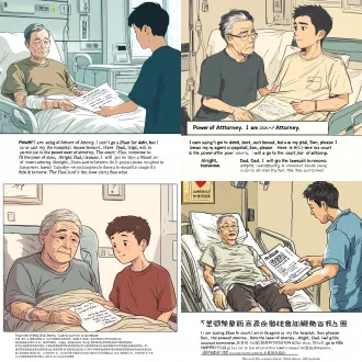 中国漫画风格，竖版构图，色彩柔和，人物表情清晰，画面下方或侧边留白用于添加中文文字，简洁干净的背景场景： 医院病房，老刘递委托书给小刘。 医院病房场景，60岁老年男性躺在病床上，腿打着石膏，旁边站着30岁年轻男子，老人递出一份文件，文件上写"授权委托书"，画面下方留白区域，温馨色调，简洁线条。对话框： 老刘： "我起诉赵某欠钱，但我在住院去不了法院。儿子，你帮我代理，这是授权委托书。" 小刘： "好，爸，我明天就去法院立案。"