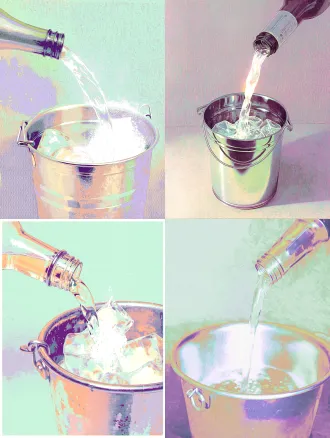 glitch art abstract still life, pouring transparent liquor from glass bottle into metal ice bucket, retro risograph heavy grain texture, iridescent color offset bleeding, muted color palette of soft mint green, lavender purple, warm copper amber, coarse halftone dot noise texture, bright overexposed white light streak of pouring liquid, distorted psychedelic old scanner aesthetic, no sharp realistic details, full frame covered with grainy print texture