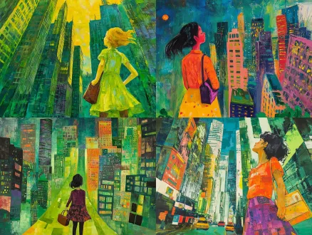 a young girl holding a handbag, looking up at the towering city buildings, vibrant and hopeful atmosphere, yearning for freedom, green tones mixed with bright colors, style of henri matisse and peter doig