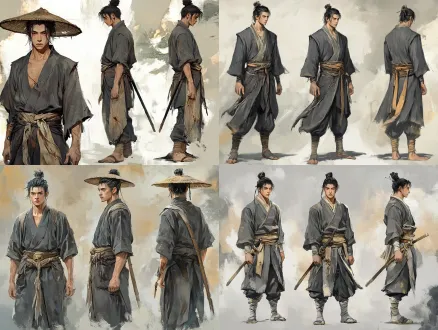 角色三视图设定图，同一角色正面、侧面、背面三个角度并排展示，全身立绘，背景为烟灰色破庙山道虚影。一位消瘦憔悴年轻男子，脸颊凹陷颧骨微凸，眼神警惕扫视，嘴角谨慎抿紧。身穿深灰色粗布短打劲装，外罩一件洗得发白领口磨毛的旧短斗篷，风帽拉起遮住半张脸，腰束麻绳系紧，下穿破旧束脚裤，小腿缠脏污绑腿，脚穿草鞋脚踝有泥痕与细碎伤口。头发用木簪胡乱绾着碎发垂落遮眼。腰间佩螺钿剑鞘有划痕的青锋剑，褪色旧剑穗，肩背灰布小包袱斜挎，怀中露出一角焦黑木牌。肩膀微内收，走路带风尘仆仆的疲惫与警觉。正面图展示落魄面容与麻绳束腰短打，侧面图展示斜挎包袱与短斗篷垂坠，背面图展示风帽与包袱背面。烟灰土黄色调，古风武侠概念设定图，写实江湖风，三视图角色设定，高清细节。