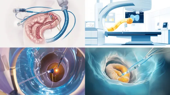 medical illustration of ercp combined with biliary radiofrequency ablation (rfa), endoscopic retrograde cholangiopancreatography procedure, side-viewing duodenoscope inserted through mouth esophagus stomach into duodenum, catheter advanced through working channel into common bile duct, radiofrequency ablation probe with expandable electrodes positioned inside bile duct tumor, fluoroscopy c-arm in background, realistic medical illustration style, clean clinical setting, blue and white color scheme, high detail, educational diagram