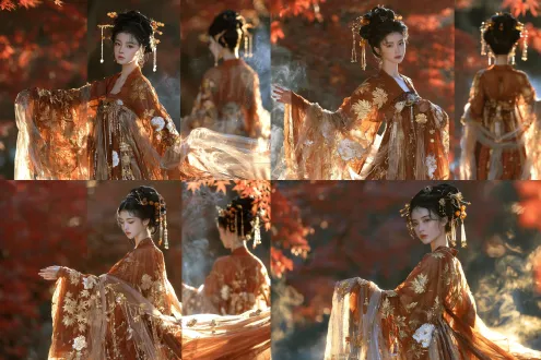 正向 prompt masterpiece, best quality, 8k, ultra-detailed, photorealistic, chinese ancient style, cinematic lighting, soft golden rim light, subtle atmospheric mist, shallow cinematic depth of field, character turnaround sheet, 3 equal panels in horizontal layout, front view, 3/4 side view, back view, same young chinese woman, consistent facial features, hairstyle, hair ornaments, clothing, fabric texture and lighting in all three views, clean thin dividing lines between panels, 1girl, gentle and tender temperament, delicate soft facial features, pitiful and fragile beauty, the feeling of arousing tenderness, soft quiet eyes, faint gentle expression, slender graceful body, elegant static standing pose, luxury large tang-style hanfu, rust orange-brown sheer wide-sleeved robe, rich golden maple leaf and white peony embroidery all over the garment, heavy embroidery, layered sheer organza fabric, flowing translucent silk ribbons, pearl tassel accessories, golden jade pendants, flower ornaments on the clothes, grand and magnificent clothing silhouette, large flowing hem, elegant classical coiled updo, elaborate golden hairpins, amber beads, long dangling pearl tassel hair ornaments, background: blurred red maple forest, red maple leaves, soft bokeh, faint wispy smoke, warm autumn tone, soft warm light,