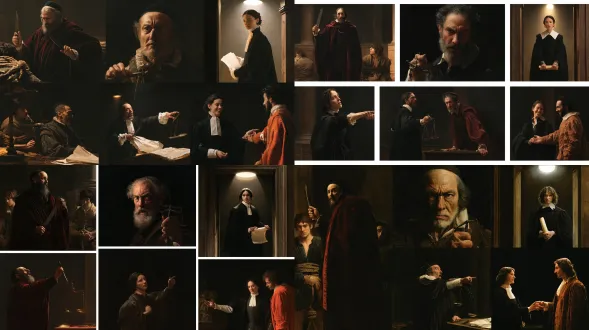 图1： · ai提示词 (prompt)：renaissance style courtroom, dramatic chiaroscuro lighting, a jewish man in a dark red cloak holding a knife and a scale, a bound young merchant, oppressive atmosphere, oil painting, cinematic composition, high tension 图2 · ai提示词 (prompt)：close-up portrait of an angry jewish man in 16th century clothing, holding a scale, dark background, sharp facial features, deep shadows, oil painting, shakespearean tragedy character, intense emotion. 图3： · ai提示词 (prompt)：a young woman disguised in a black male lawyer's robe holding a scroll, standing in a courtroom doorway, bright spotlight from above, solemn and authoritative, renaissance painting style, dramatic lighting. 图4： · ai提示词 (prompt)：a female lawyer pointing at a shocked jewish man, the man dropping a knife, tilted scale, extreme dramatic lighting, dark courtroom, chiaroscuro, oil painting masterpiece, shakespeare's merchant of venice. 图5： · ai提示词 (prompt)：a female lawyer in male attire smiling and extending her hand, a nobleman hesitating to give her a gold ring, warm and humorous atmosphere contrasting with the dark background, classical oil painting style.