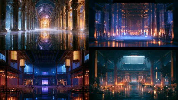日系幻想超写实cg，对称大殿纵深构图，丁达尔光薄雾浮荧光粒子，蓝紫金橙渐变，阿莱alexa 65胶片质感，8k高动态，肃穆玄幻氛围感。