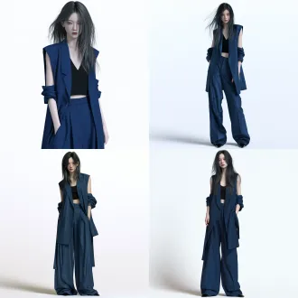 我需要生成一个人物形象 画面比例9:16 oc渲染次世代cg写实角色，唯美3d国漫风，风格真实质感，超写实高级人像自然光柔光滤镜，低保和冷色调画质高清细腻，光影讽刺通透氛围感清冷高级，正视前方，不要抬头。 主体：24岁女性，中国人，冷白皮 外貌特征：妖冶俊美，面容精致，五官立体，眼睛是细长静敛得禅眼眼尾上扬（淡然平和，无欲无求）如 图片1 ，黑灰色及腰蓬松超长发，自然垂落，长长刘海凌乱拂面。冷白皮肤细腻发光，面部轮廓柔和，禅眼，黑灰色瞳仁深不见底，正望向镜头。眼神淡漠，清冷，孤寂，生人勿近，矜贵清冷。眉毛细长平直。立体，高级，典雅，混血感的希腊鼻型，清冷疏离的薄唇，下嘴唇微微肉感。无明显妆容眼线等，唇色自然 穿着：穿着一套深蓝色中袖袖西装衬衫，中袖被利落地推至手肘上方，袖口微微卷起，紧紧卡在小臂处，没有垂落下来 v领，单排扣，内搭黑色抹胸打底，修身剪裁。下身穿同款深蓝色高腰阔腿长裤，垂坠感极佳，内搭黑色抹胸打底。高级质感，职业通勤风，完美贴合身材。裤脚刚好盖住鞋面，微微露出尖头黑色鞋尖。 人设气质：性格寡言冷语梳理感极强，行事低调果断清醒独立表情与情绪：神情忧郁，无欲无求，淡漠疏离 镜头与构图：人物全身像，纯色极简背景，工作室灯光，高清画质，8k分辨率，细节精致，背景为纯白背景无任何杂物，人物主题突出 身材比例：身形修长纤薄，骨架利落纤细，肩线平直舒展，无一丝赘肉，八头身标准模特比例，和谐身体比例，修长但不极端，商业模特体型，头身比例协调，优雅气质，胸部b罩杯左右