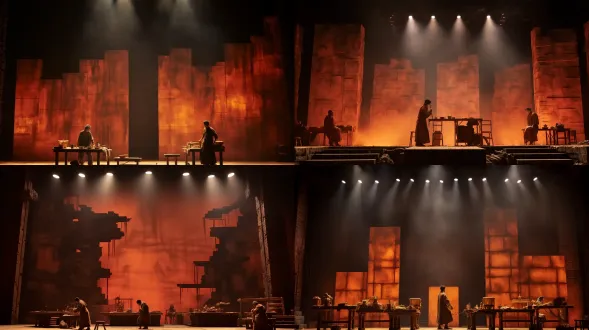 the stage design for immersive dance performance, grand ancient artisan workshop scene, front straight frontal view facing the stage, symmetrical proscenium perspective. tall vertical rammed earth slabs stand on both sides of the stage, heavy wooden workbench in the middle ground, carving chisels and craft tools laid on the table. thick warm amber smoke and haze fill the space, dramatic reddish side light beam piercing the mist, huge craftsman silhouettes projected high on the earthen walls. dancers perform modern stylized dance movements on stage, theatrical grand composition, towering vertical space, raw earth texture, solemn powerful atmosphere, cinematic stage lighting