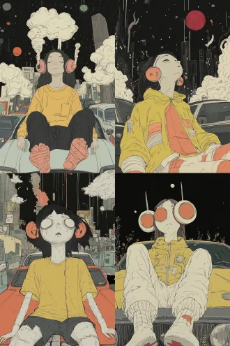 波普日系漫画，粗重黑墨线轮廓，网点半调颗粒，纯色平涂高饱和，人物戴巨型耳机夹两车头间，背靠车头脚翘起，禁锢感，安全警示海报，街头手绘。