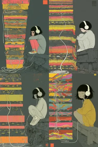 graphic illustration, pop art manga style, bold thick clean black ink outlines, halftone dot texture, solid flat color blocks, limited color palette, high saturation, street comic aesthetic. vertical composition, on the right side of the frame: a short black-haired girl sits curled on roadside guardrail, wearing large white over-ear headphones, her eyes dull and empty, blank dazed expression, numb and out-of-focus gaze, fully absorbed in music. long winding white headphone cable stretches out from the headphones, snaking leftwards, threading through multiple horizontal layered road strips on the left part of the picture. each horizontal road strip is drawn with many tiny simple cartoon cars on the lanes. the layered roads stack vertically one by one, the twisting headphone cord weaves through every road layer and connects the girl with the traffic. visual metaphor: she is isolated by music, cannot hear or perceive the hidden traffic hazards, traffic safety warning poster, muted dark gray background, strong graphic sense, clean shapes, strictly retain the original sketch composition, keep the girl's sitting posture, layered road layout and winding cable path, carefully refine character details