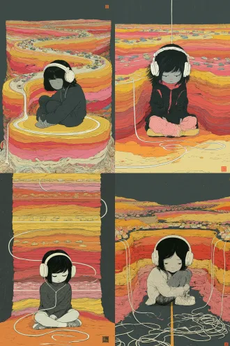 graphic illustration, pop art manga style, bold thick black ink outlines, halftone dot texture, textured layered paint, flat solid color blocks, warm layered color palette of yellow, orange, red and pink. vertical composition, a short black-haired girl sits curled up in the middle of a multi-lane road, she wears large white over-ear headphones, dull empty eyes, blank dazed expression, out-of-focus numb gaze, immersed in music. long winding white headphone cord stretches from the headphones, snakes through the surrounding horizontal layered road strips. every road layer is filled with tiny cartoon cars approaching from different directions. the layered roads have thick strata texture, like colorful sediment layers. visual metaphor: she is isolated by music and cannot notice hidden traffic hazards, traffic safety warning poster, dark charcoal gray background, strong graphic sense, strictly keep the original sketch composition, retain the girl's sitting posture, layered road structure and winding cable route, refined character details