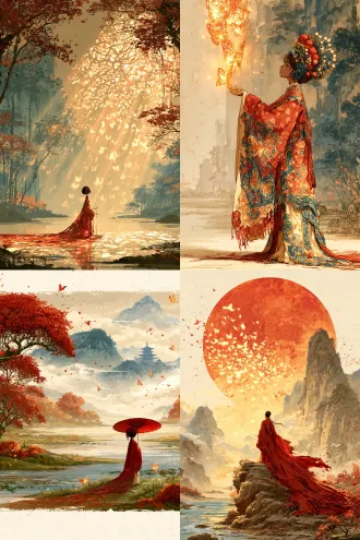 国风水墨绘本插画，电影级光影，2.35:1宽画幅，8k分辨率，14岁皮影旦角少女，外露木球形关节，胭脂红戏袍，发光剪纸蝴蝶，宣纸肌理，史诗东方质感。